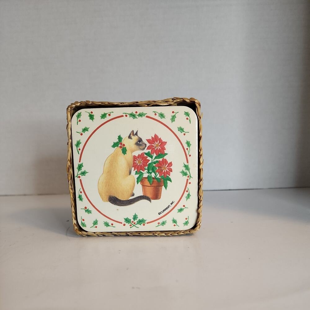 Christmas Siamese Cat Poinsettia Holly Cork Backing Coaster Set Of 6, Current